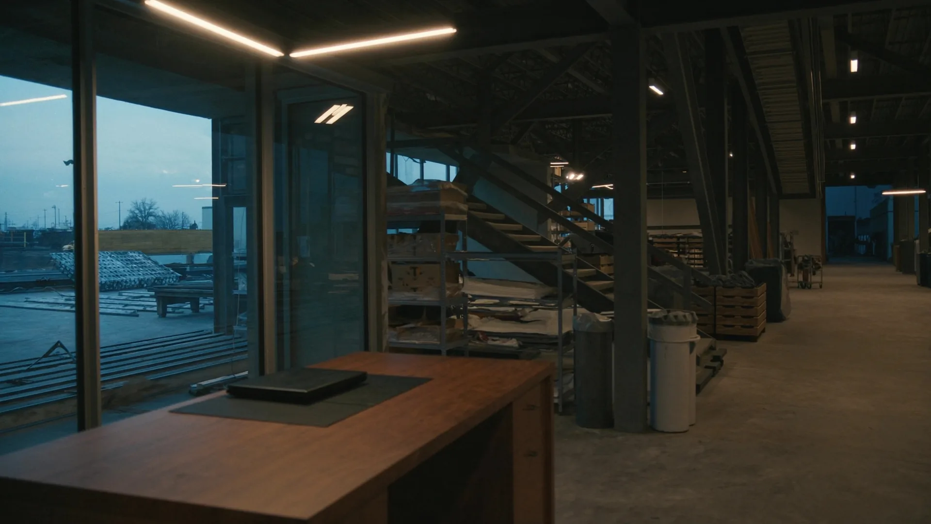 Empty estimator office. Plans and a desk. No product chrome.
